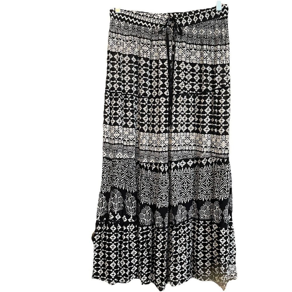 Tiered Maxi Skirt‎ Women's L Festival Boho Gypsy In Black & Cream Phoebe Buffet